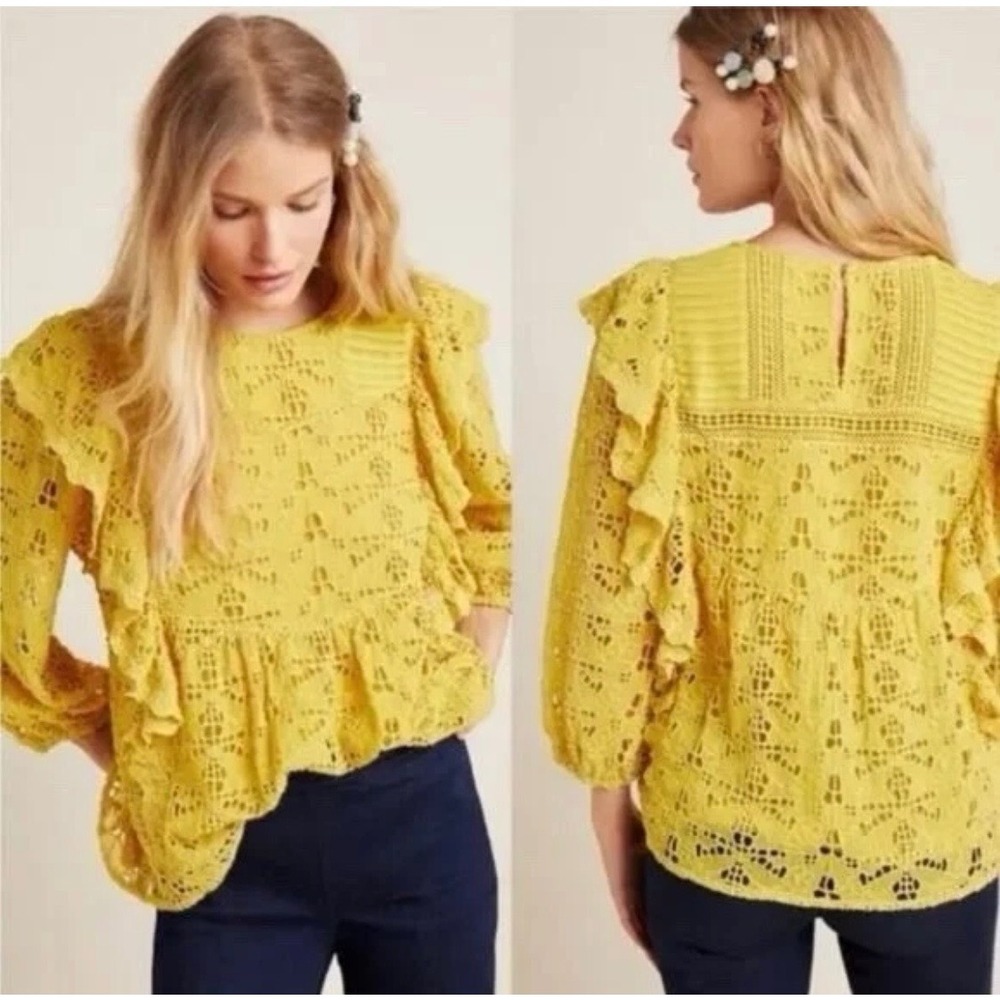 Anthropologie Mustard Yellow Eyelet Lace Ruffle Peplum‎ Blouse Top 6 Whimsical